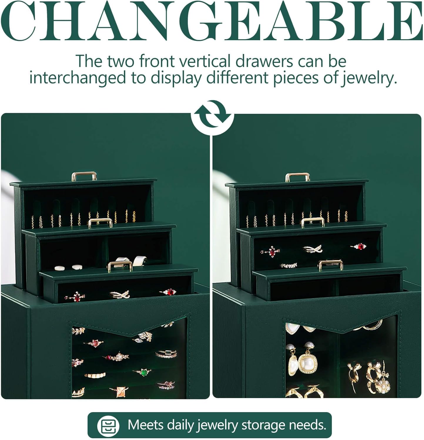Homde Jewelry Organizer with Transparent Window Necklace Hooks Gift for Women Jewelry Box Display Case for Necklaces Rings Earrings Bracelets and Other Accessories (Forest Green)
