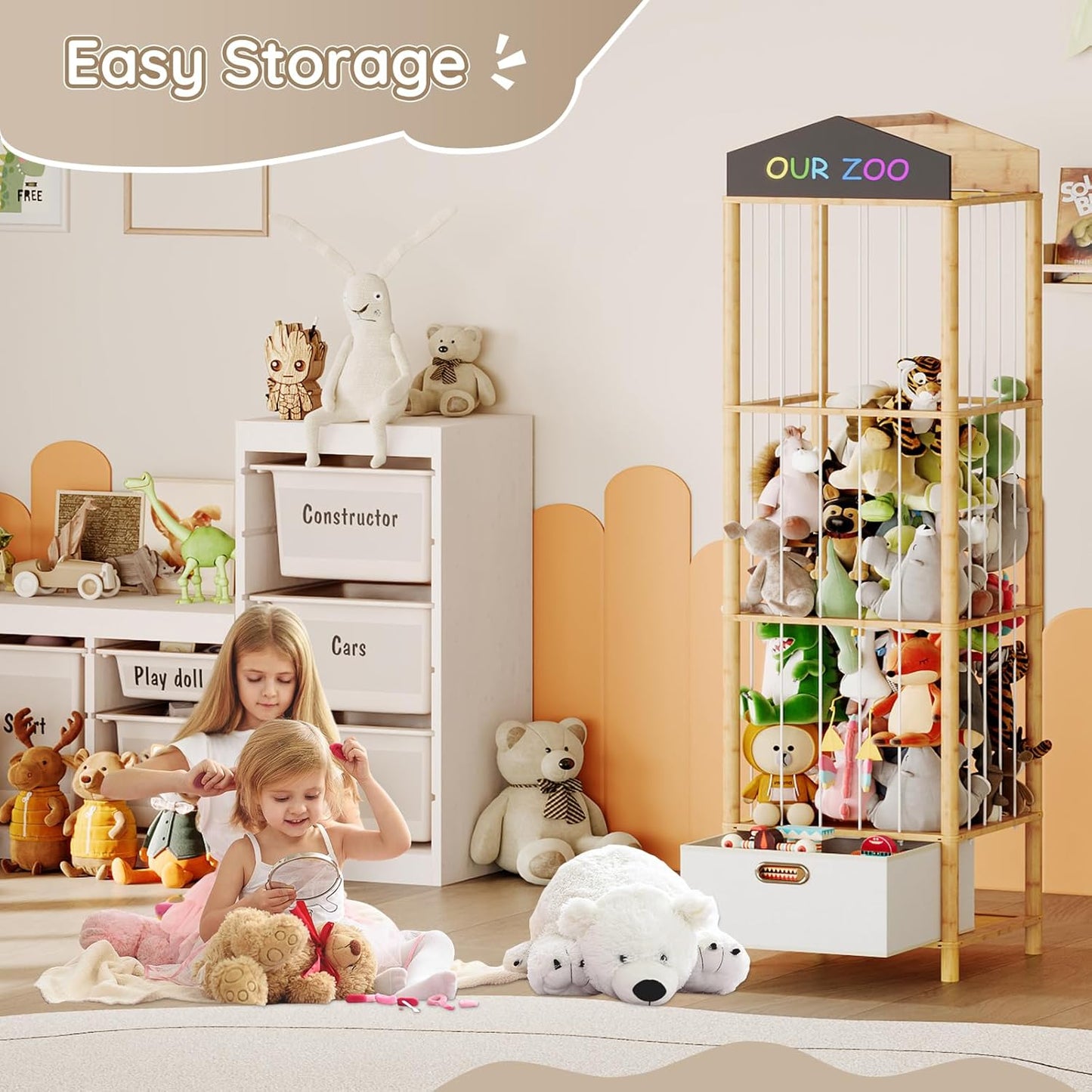 HOOBRO Stuffed Animal Storage & Organizer, Bamboo Stuffed Animal Holder with Fabric Drawer and DIY Chalkboard, Plush Toy Organizer for Playroom, Living Room, Nursery, Natural and Beige YL66CW01