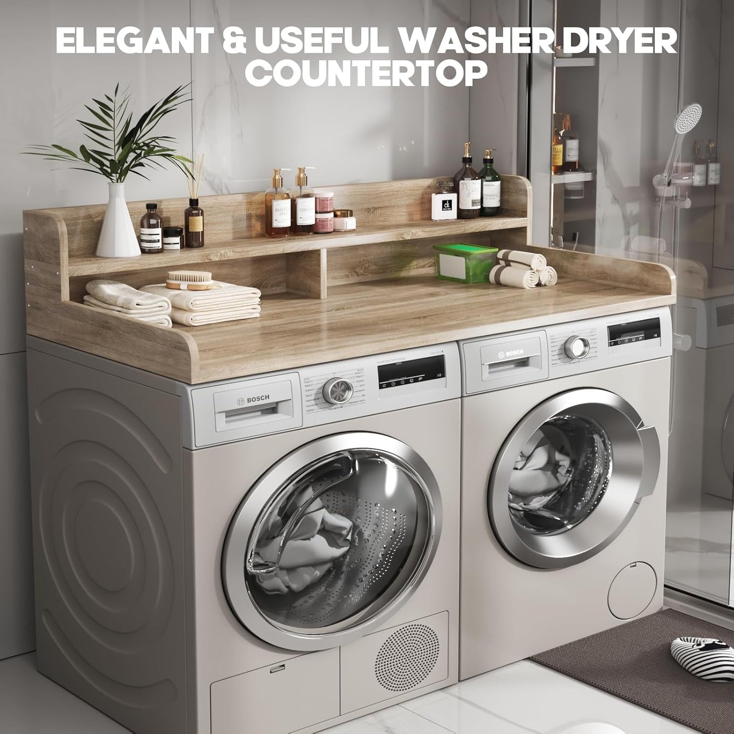 2-Tier Washer and Dryer Countertop with 2.75" H Guard,58" W x 28" D Laundry Countertop Cover with Non-Slip Pad,Large Space Laundry Topper for Folding Clothes Over Washer and Dryer-White Oak