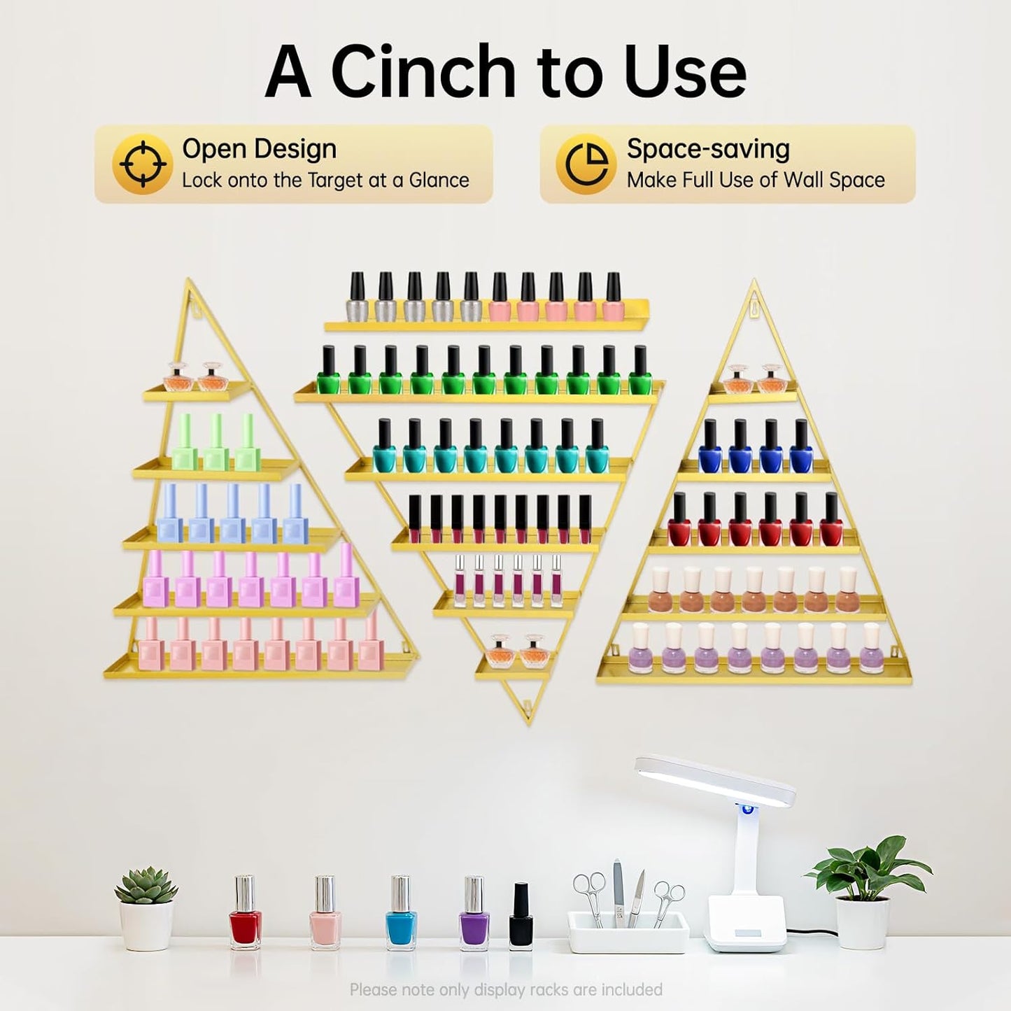 Elegant Gold Wall Mounted Nail Polish Rack - Set of 6 Triangular Cosmetic Display Shelves for Essential Oil Bottles, Organize Your Lipsticks and Perfumes in Style at Home or Salon (Gold)