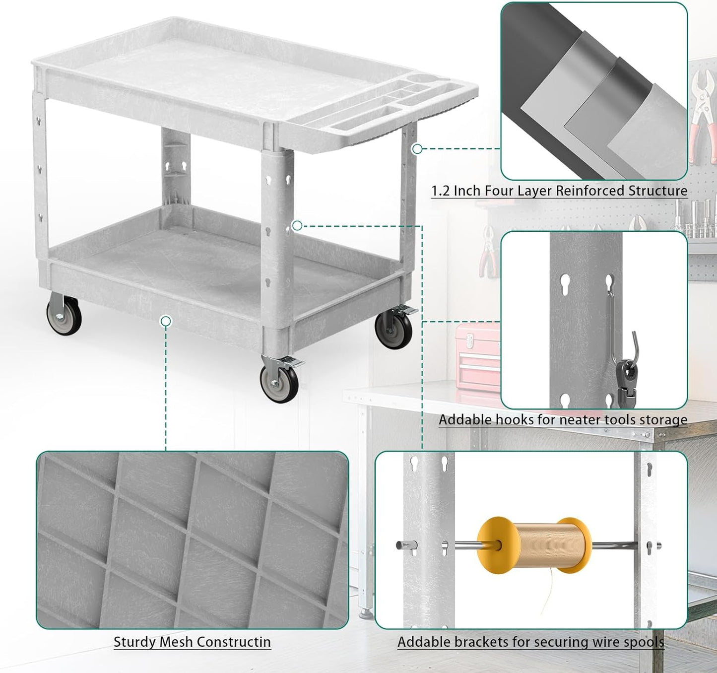 Heavy Duty Utility Rolling Tool Cart, 550 lbs Capacity Plastic Rolling Carts with 360°Swivel Wheels, 40 x 25 Inch Service Cart, 2 Shelf Work Cart for Warehouse,Garage, Cleaning, Grey