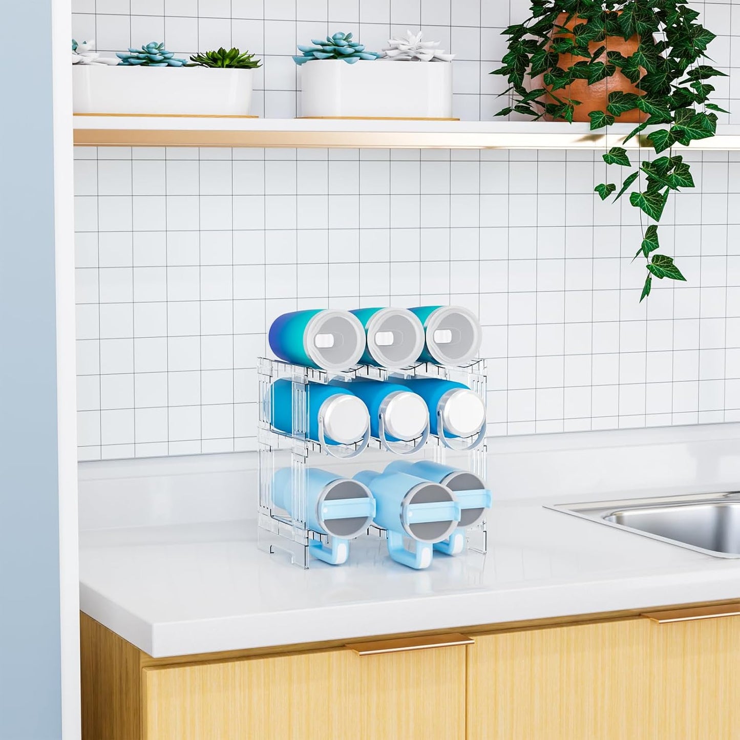 Yieach Stackable Water Bottle Organizer for Cabinet Yeti or Stanley Storage Organizers - Larger Compartment for 40 oz Stanley Cup Holder and Other Tumbler Organizers,Waterbottle Rack for Pantry,3 Tier