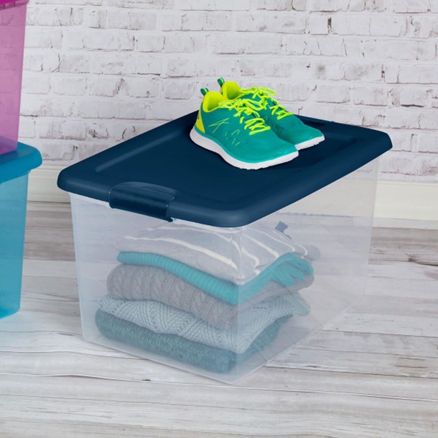 Sterilite 12-Pack Color Program, Large Clear Plastic Storage Bins with Lids, 64 Quart, Blue - Stackable Organizing Container Boxes for Closet, Bathroom, and Office