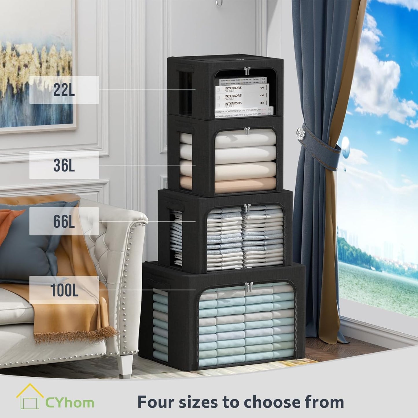CYhom Clothes Storage Bins Box - Linen Fabric Foldable Stackable Container Organizer Set with Clear Window & Carry Handles & Metal Frame (Black, Large-66L)