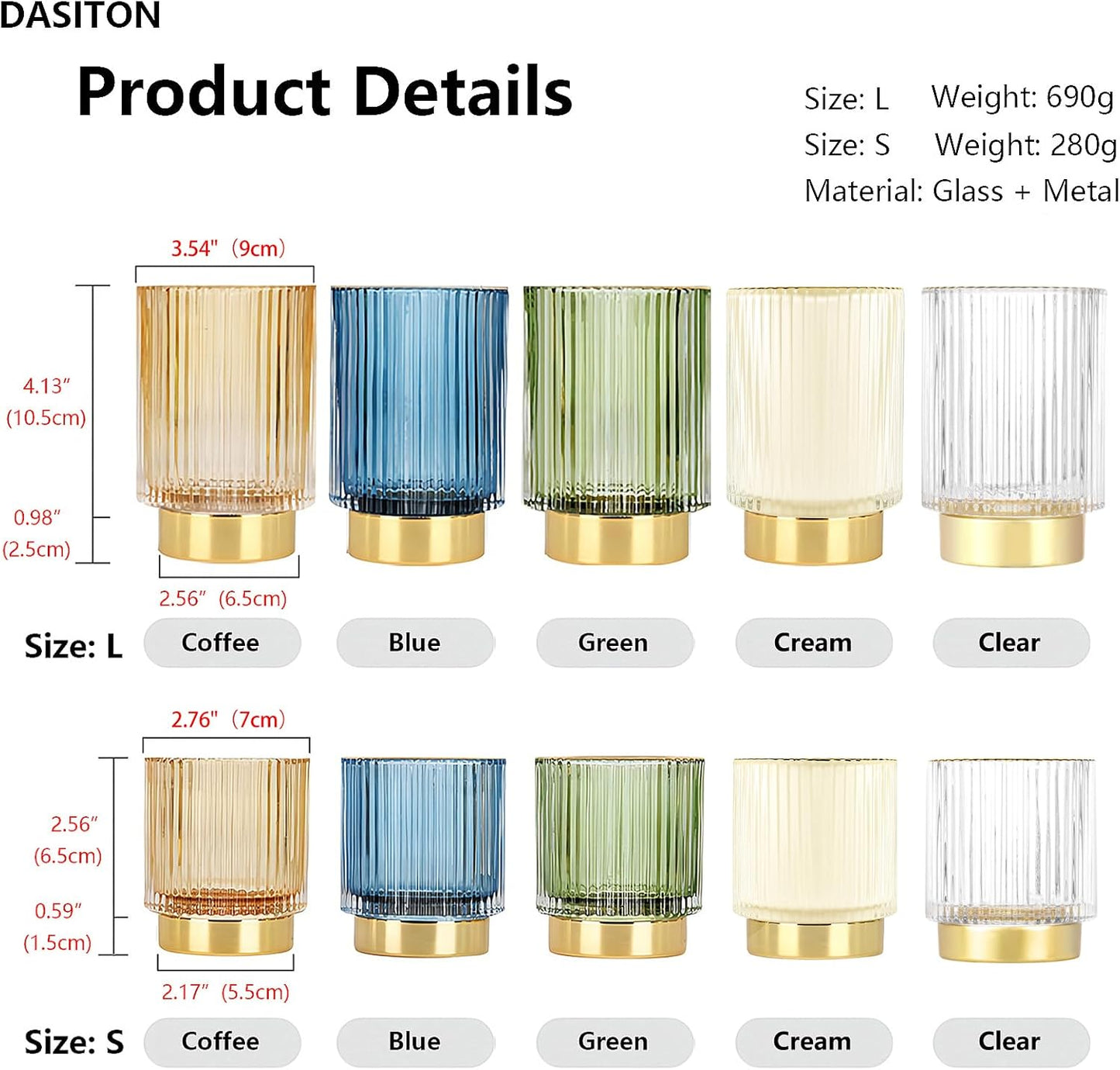 DASITON Makeup Brush holder Organizer,Crystal Cosmetic Makeup Brush Glass Brushes Storage Holder, Vintage Make Up Brush Cup Pen Pencil Holder striped vase(Clear S+L)