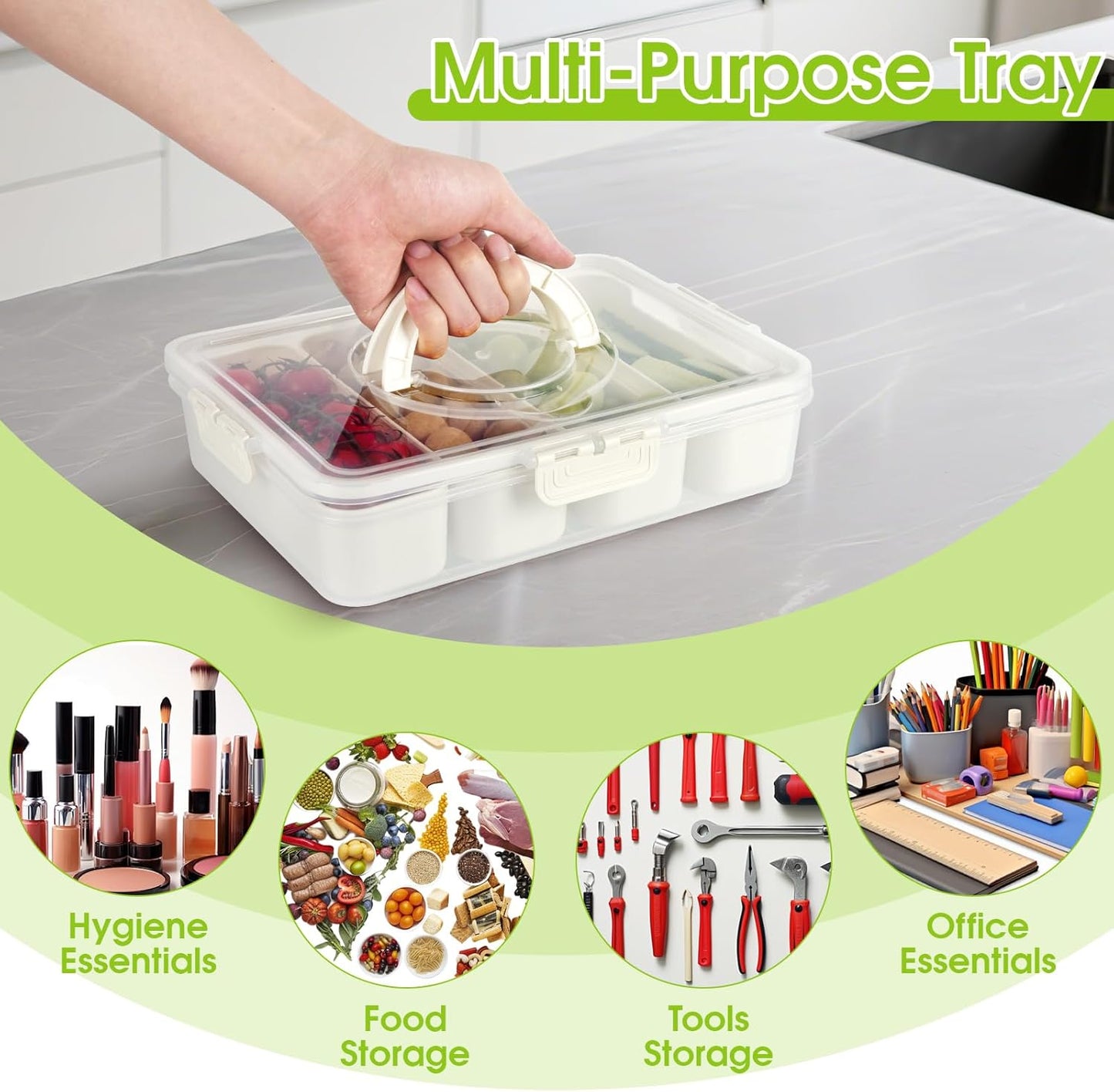 Snackle Box Container,Divided Serving Tray with Lid,4 Compartment Travel Snack Container,Fruit Veggie Tray with Lid for Fridge Fresh Keeping,Multipurpose Storage Box for Picnic,Party,Travel