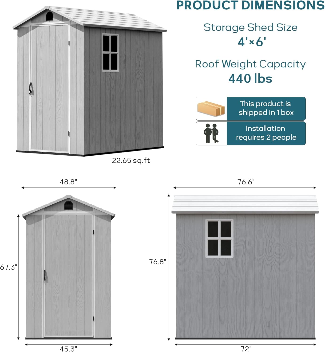 Greesum 4x6FT Plastic Outdoor Storage Shed with Floor, Resin Storaged Sheds with Lockable Door, All Weather Durable Tool Shed with Window and Vent, for Garden, Backyard, Patio, Light Gray