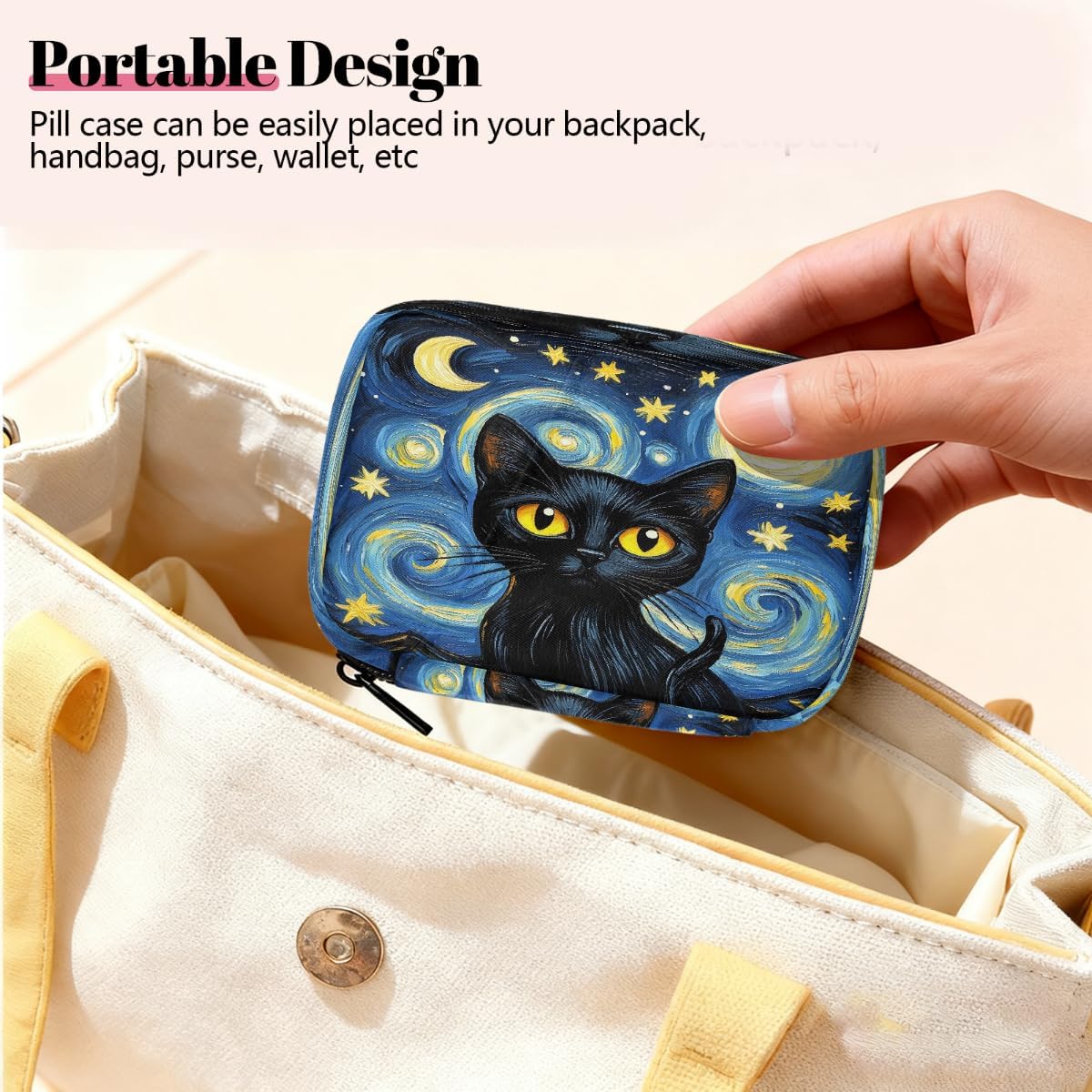 Black Cat Starry Night Pill Organizer Travel Medicine Case with Zipper Daily Vitamin Storage Bag Portable 8 Slot Weekly Pill Box Supplement Holder for Home Office Gym Travel
