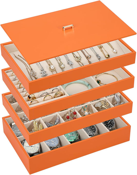 Voova Stackable Jewelry Organizer Tray with Lid, PU Leather Jewelry Storage Holder for Drawer Inserts, Jewellery Display Box Case for Earring Necklace Ring Watch Bracelet (Set of 4, Orange)