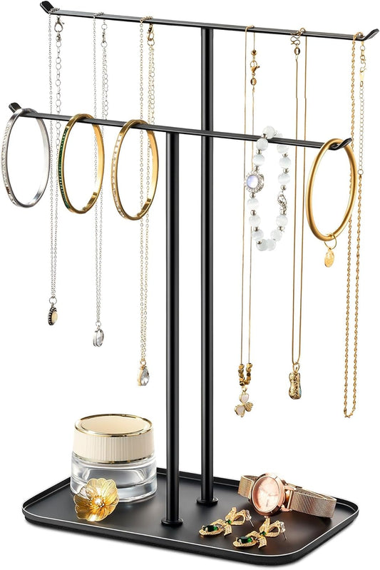 pickpiff Necklace Holder Jewelry Organizer Stand – 2‑Tier T‑Bar Jewelry Display Tree with Tray for Countertop Necklace Bracelet Earring Storage, Vanity Dresser Bathroom Sink, Black