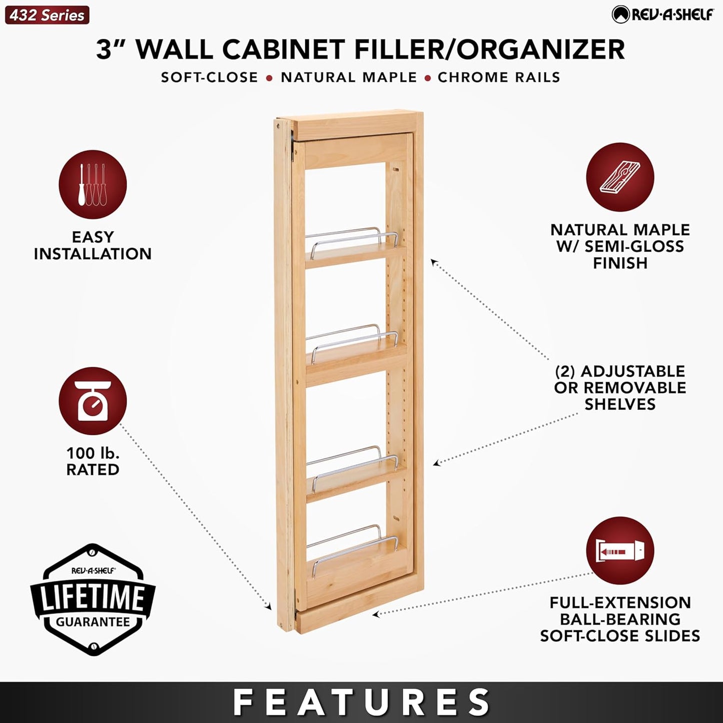 Rev-A-Shelf Kitchen Cabinet Pullout Wall Filler Wooden Organizer Slide Out Pantry Storage w/Soft-Close in Multiple Sizes, 3 x 36 In, 432-WFBBSC36-3C