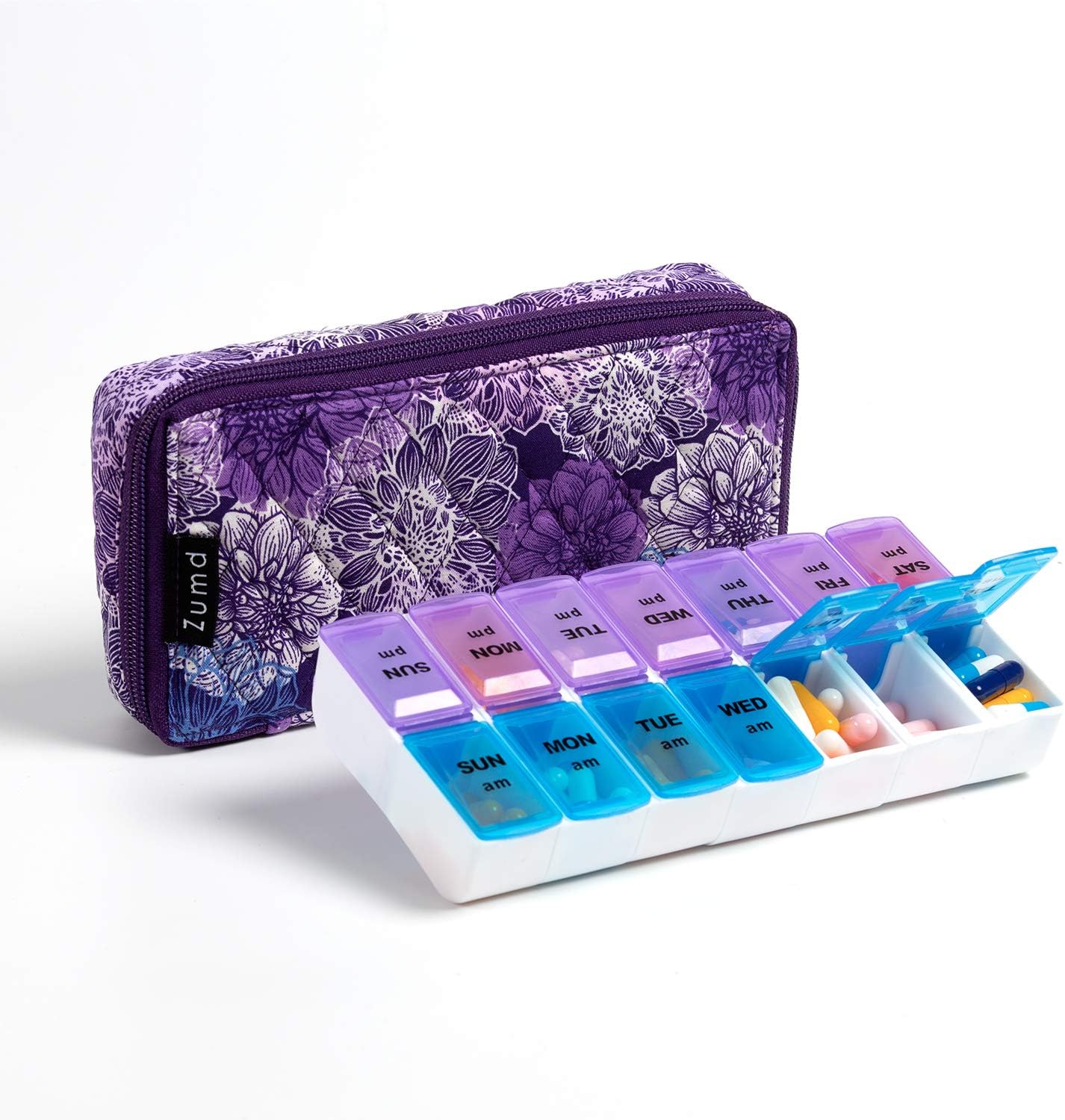 Weekly Pill Organizer 2 Times a Day, Zumd Pill Box 7 Day with Cute Quilted Fabric Zipper Case, Travel Pill Case Am Pm for Vitamin Medicine Organizer
