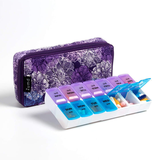 Weekly Pill Organizer 2 Times a Day, Zumd Pill Box 7 Day with Cute Quilted Fabric Zipper Case, Travel Pill Case Am Pm for Vitamin Medicine Organizer