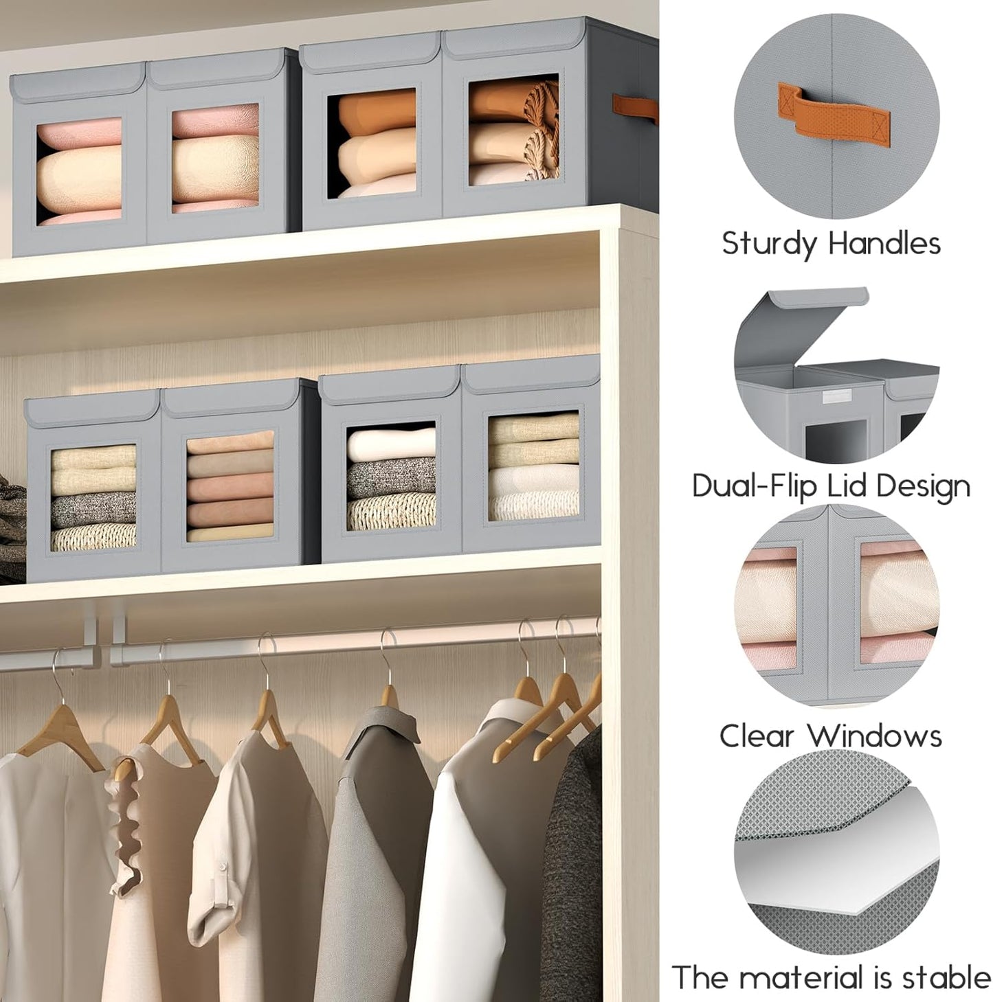 Large Closet Storage Bins - Collapsible Divided Clothes Organizer with Lids & Dual Window, Fabric Organizing Bins for Clothes, Sweater, Toys, Bedroom, Office (Grey, 2 Pack)