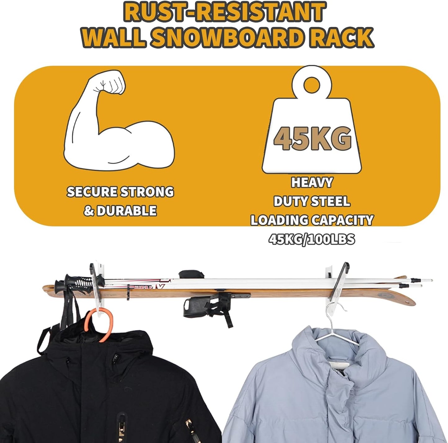 Snowboard Wall Racks, Adjustable Storage Rack for Ski, Surfboard, Wakeboard, Snowboard Wall Mount Display, White/Black