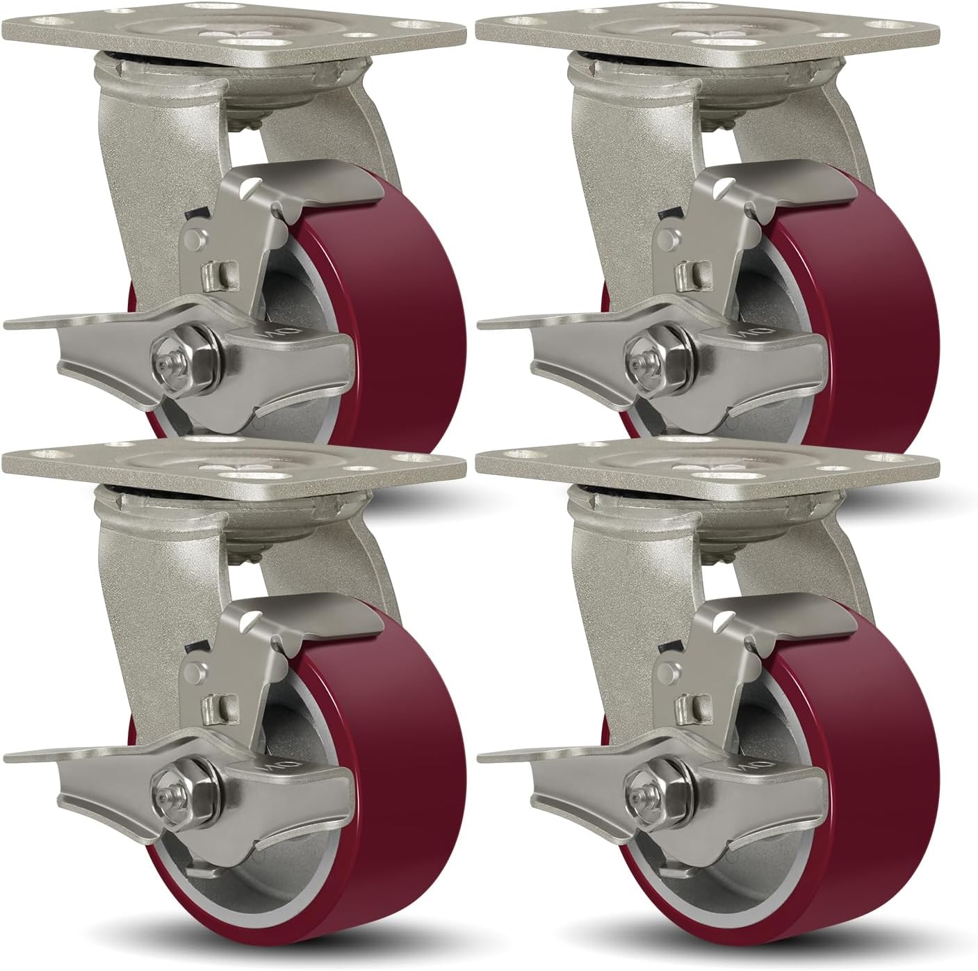 SY America 4" X 2" Casters Wheels,Heavy Duty Casters Set of 4，Polyurethane on Aluminum Wheels,4 Swivel w/Top Lock Brake Casters,3200 LBS Load Capacity