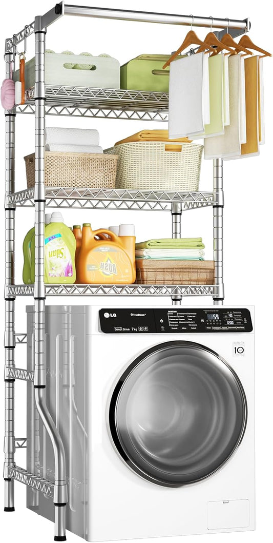 Ulif U11 Mini Over Washer and Dryer Shelves, 3 Tiers Laundry Room Storage and Organizer Standing Shelf, Metal Freestanding Clothes Drying Rack, 28.3" W x 19.7" D x 77.6" H, Chrome
