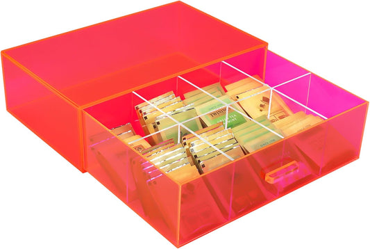 Acrylic Tea Bag Organizer and Storage Box Stackable Tea Bag Holder with Drawer for Countertop, Neon Pink
