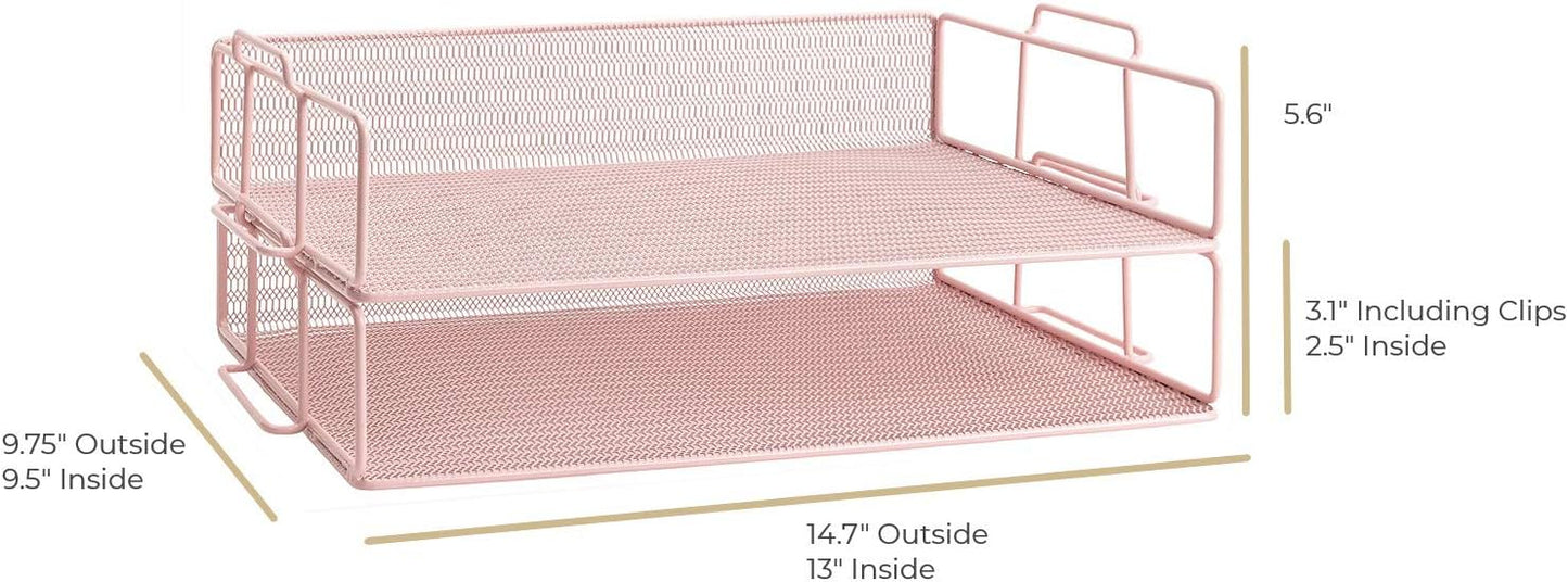 BLU MONACO Pink Mesh Paper Tray – Set of 2 Stackable Letter Trays – Durable Metal Desk Organizer for Home, Office & School – Stylish Document Holder, File Storage, and Workspace Organizer
