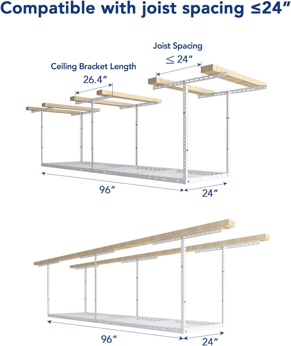 FLEXIMOUNTS 2x8 Overhead Garage Storage Rack,Adjustable Storage Organization System,Heavy Duty Metal Garage Ceiling Storage Racks,400lbs Weight Capacity,White, Classic Series