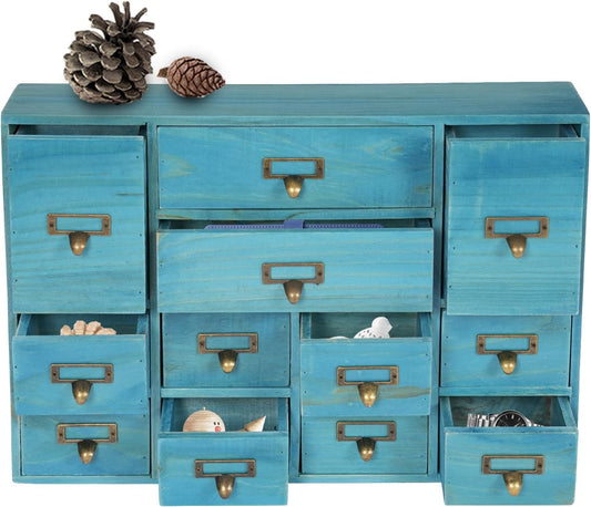 12-Drawer Wooden Storage Cabinet Organizer, Apothecary Cabinet Vintage Library Card Catalog Cabinets for Countertop Apothecary Tea Coffee Pod Storage (Blue)