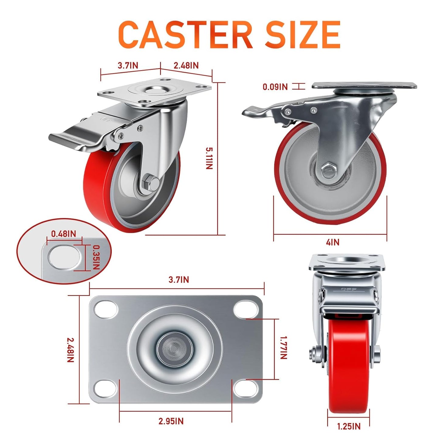 4 Inch Caster,Heavy Duty Caster Wheels Set of 4,Load 2000 Lbs,Polyurethane Steel Wheels,Swivel Wheels with Brake for Trolleys,Warehouse Cargo Handling,Workbench Moving(2Brake&2Rigid)