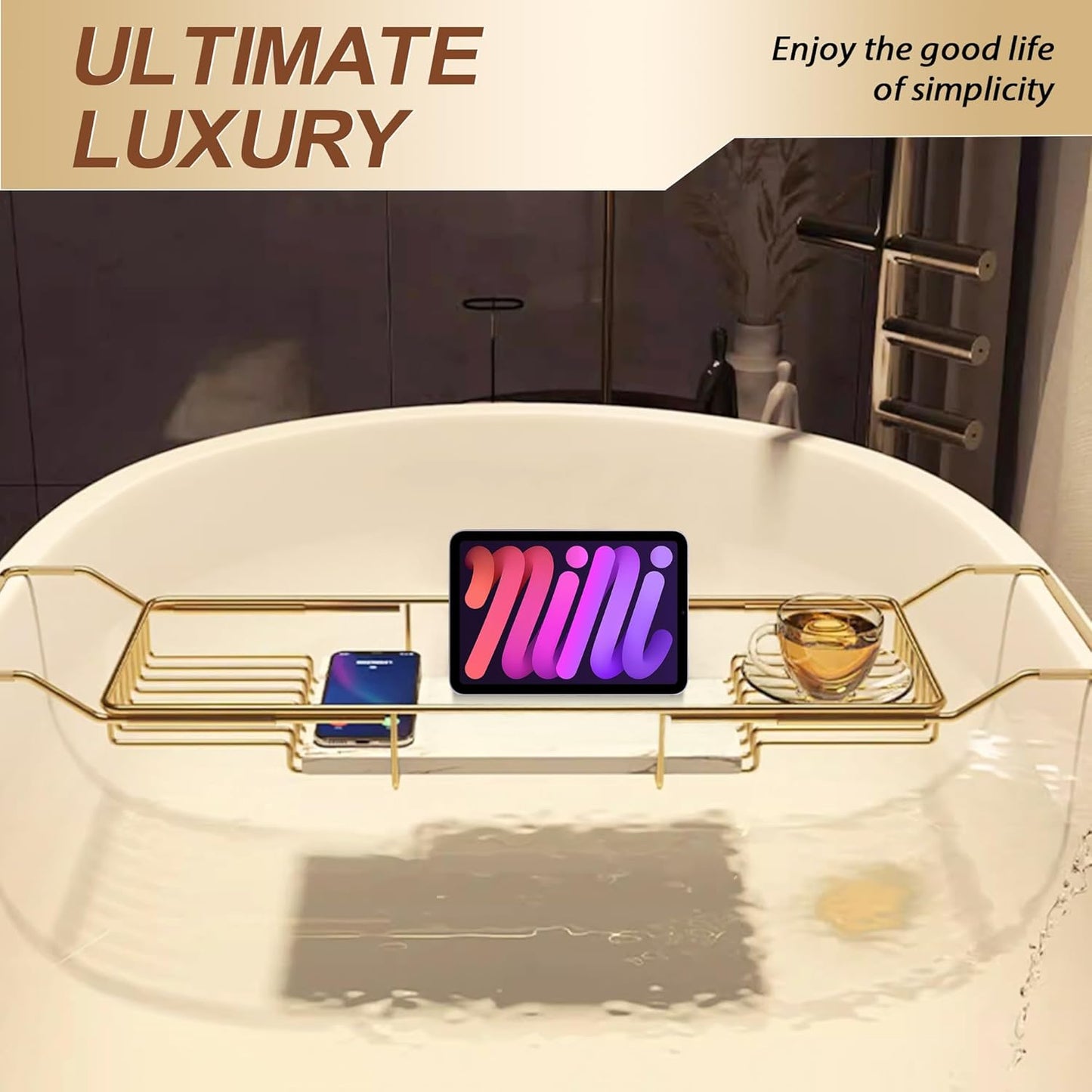 BVL Bathtub Tray Stainless Steel with Marble Base Gold Bathtub Tray with White Marble Base Adjustable & Rustproof Bath Caddy for Spa, Relaxation, Bath Bombs