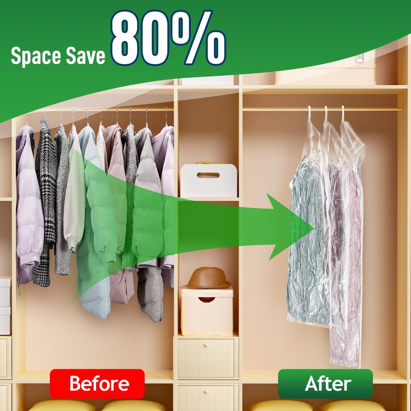 Hanging Vacuum Storage Bags For Clothes With Hand Pump,Coat Storage Bag Hanging,Vacuum Bags For Clothes,Space Saver Vacuum Storage Bags,Garment, Clothing, Dress, Suit, Long Coat, Jacket(Combo 4 Pack）