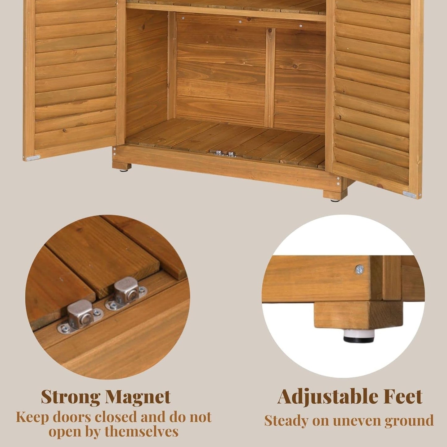 Outvita Outdoor Storage Cabinet, 63in Wooden Garden Tools Shed with 2 Lockable Doors, 3 Adjustable Shelves, Waterproof Roof for Yard Garge Patio Deck Porch, Natural