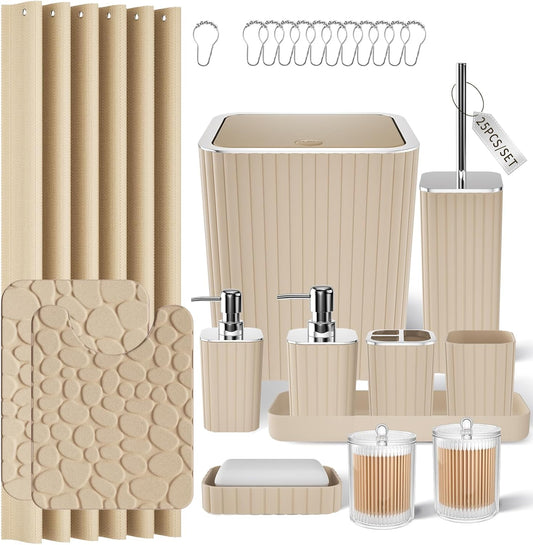 Bathroom Accessories Set - 25PC Bathroom Sets with Shower Curtain and Rugs, Beige Bathroom Set with Trash Can, Soap Dispenser, Soap Dish & Toilet Brush
