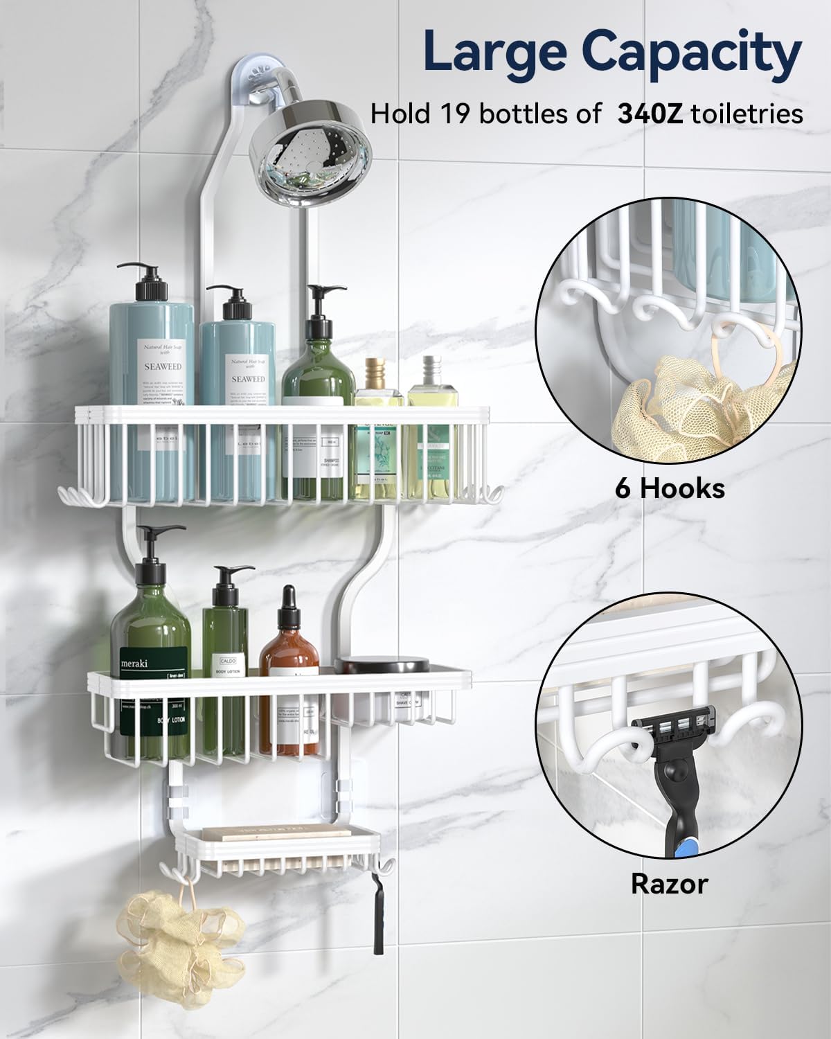 YASONIC Shower Caddy - Never Rust Aluminum Organizer - Over Shower Head with 10 Hooks & Soap Basket - White