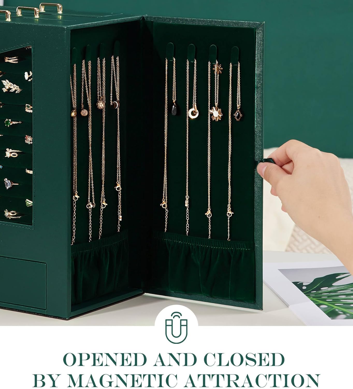 Homde Jewelry Organizer with Transparent Window Necklace Hooks Gift for Women Jewelry Box Display Case for Necklaces Rings Earrings Bracelets and Other Accessories (Forest Green)