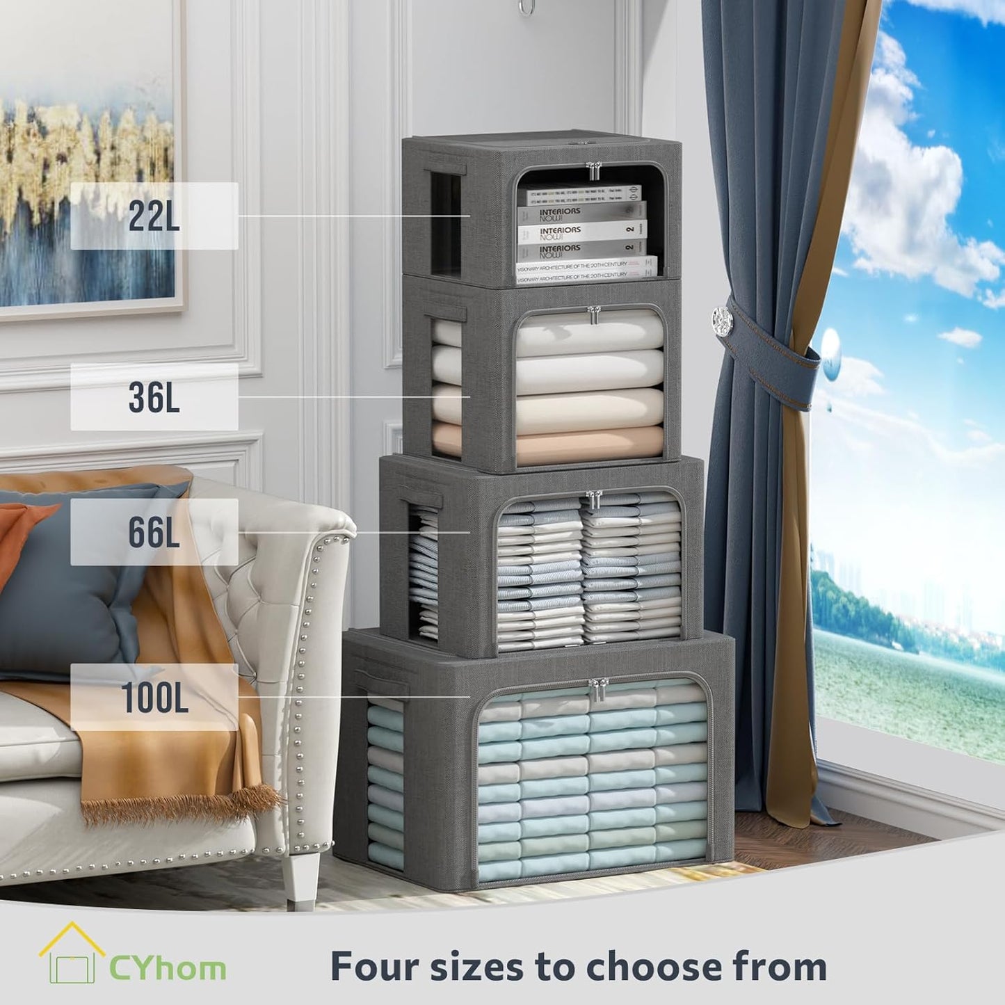 CYhom Clothes Storage Bins Box - Linen Fabric Foldable Stackable Container Organizer Set with Clear Window & Carry Handles & Metal Frame (Dark Gray, Medium-36L)