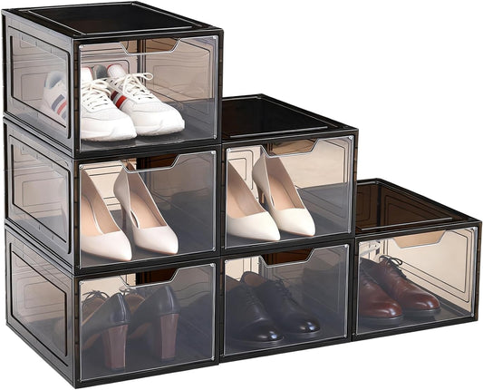 Shoe Boxes Shoe Storage Boxes Display Boxes with Magnetic Doors and Stackable Design, Ideal for Hallways, Under Beds, Wardrobes, and Living Rooms (Magnetic Door-Black, 6 Pack)