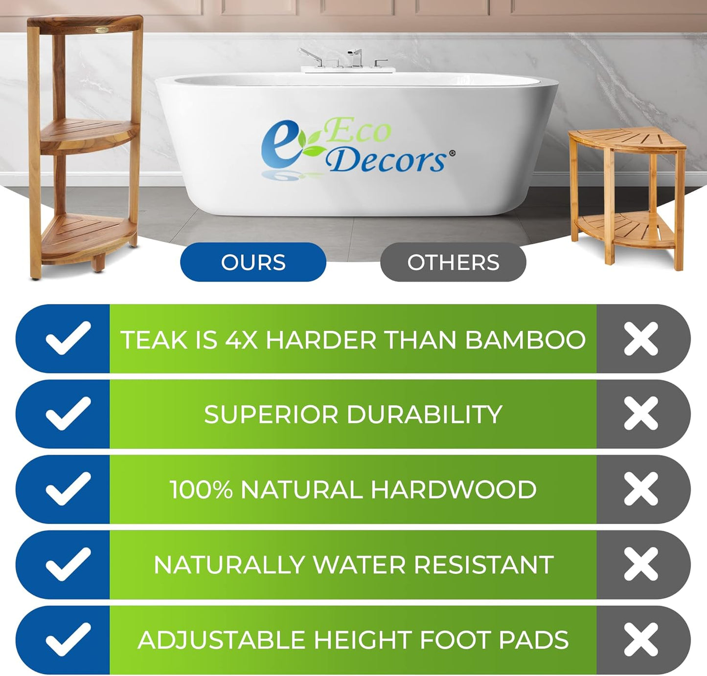 EcoDecors SnazzyCorner Natural Teak Corner Shower 3 Tier Shelf – Bathroom Organizer | Natural Wood Colors | Waterproof Teak Shower Caddy | Bathroom Storage & Organization | 33 Inches Tall
