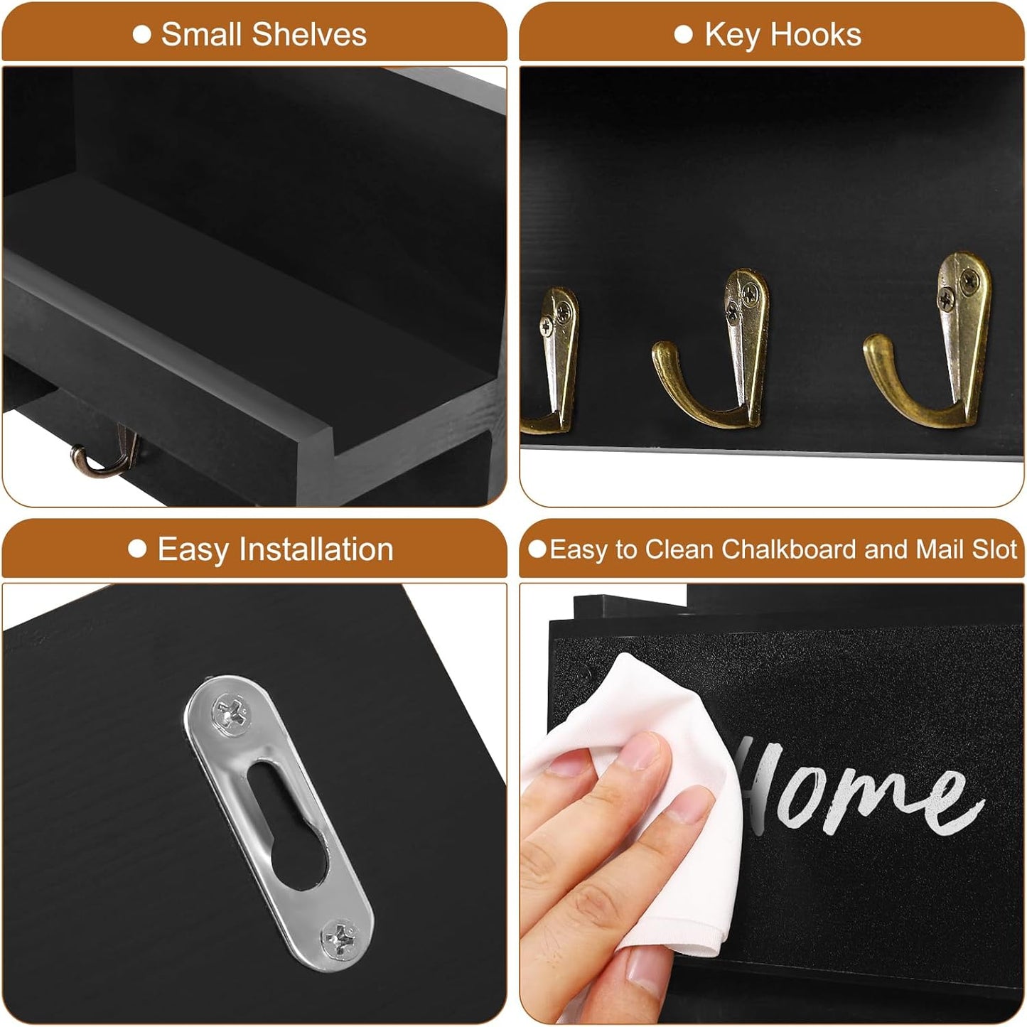 Decorative Key Hanging Rack with 8 Hooks – Easy Install Natural Wooden Key and Mail Holder for Wall Mount – Sunglasses Wallet Holder Entryway Decor with Shelf and Chalkboard (Coal Black)