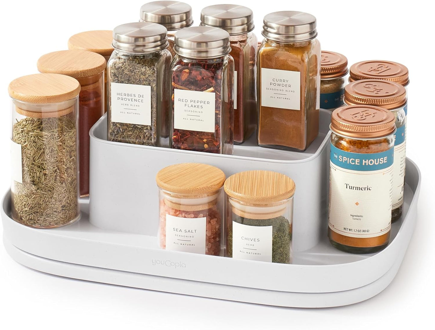 YouCopia MagicTrack Rectangle Lazy Susan Turntable 2-Tier Spice Rack: Jar & Bottle Storage Organizer for Kitchen and Bathroom with 360° Spin, Non-Slip, White Speckled BPA-Free