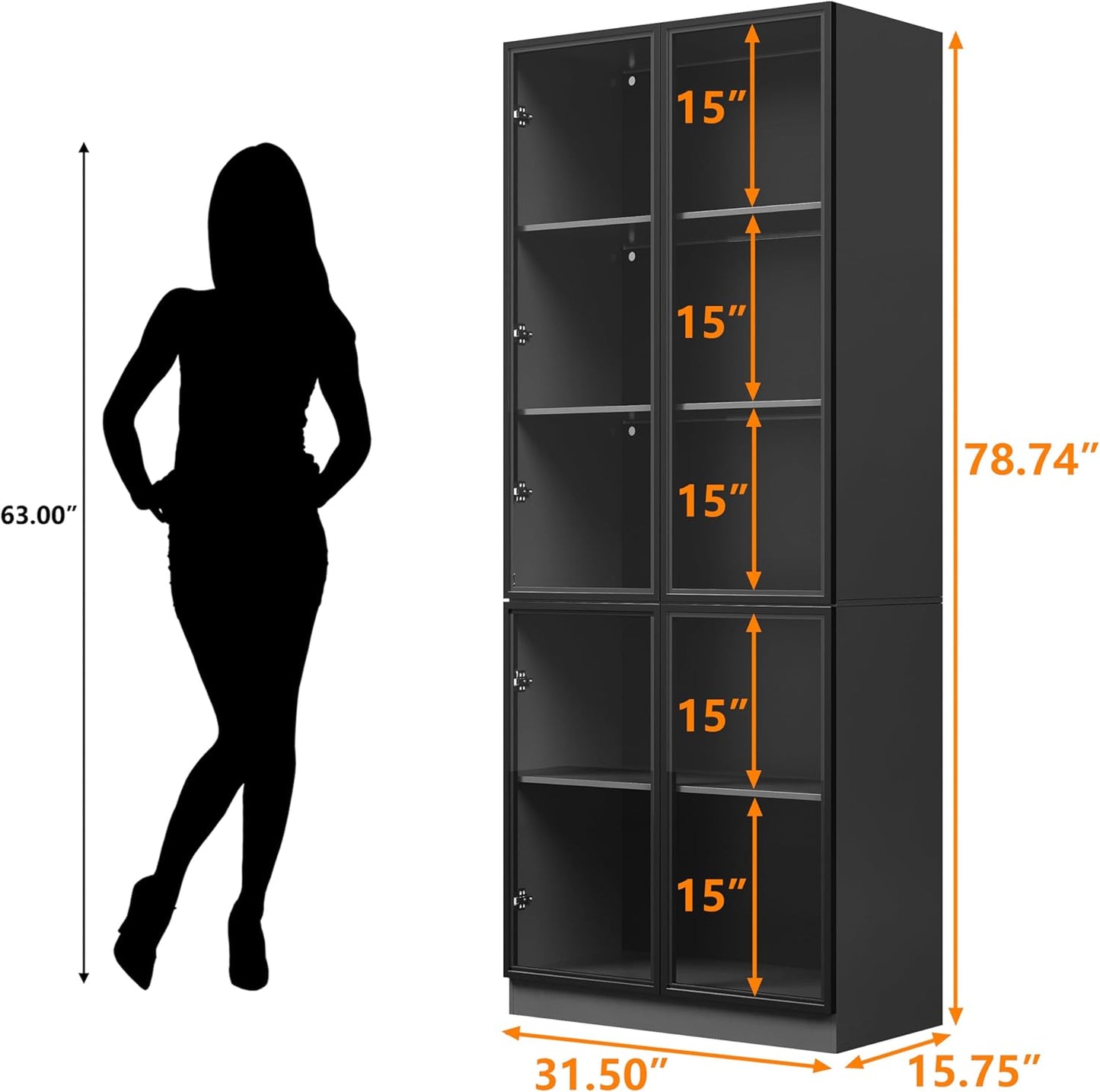 79'' Tall Glass Display Cabinet with LED Lights,Showcase with Glass Doors,5-Tier Curio Cabinet for Collectibles Bookcase,Storage Shelf, Bookcase (Black- 5 Layers, Large)