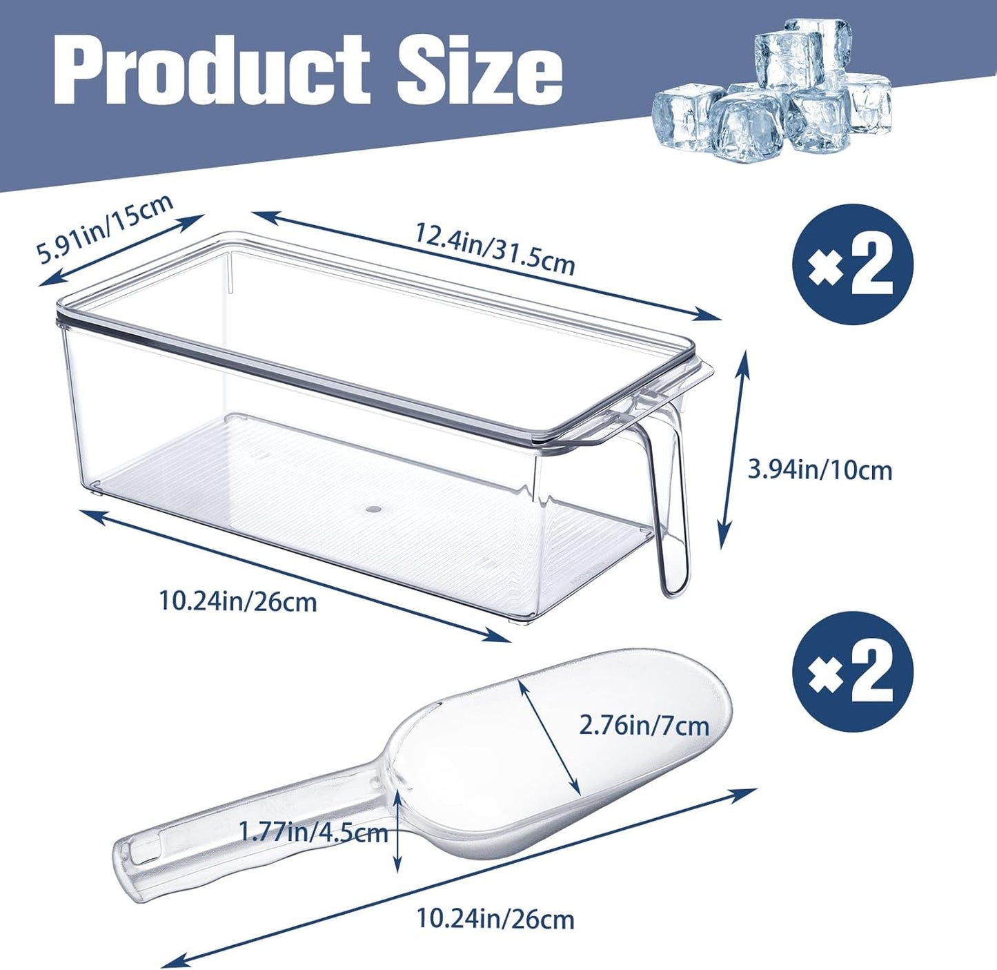 Havawish 4 Pcs Ice Storage Bin for Freezer with Lid and Flexible Scoop Set Plastic Ice Container with Lid Handle for Home Office Fridge Storage (12.4 x 5.91 x 3.94 Inches,Clear)