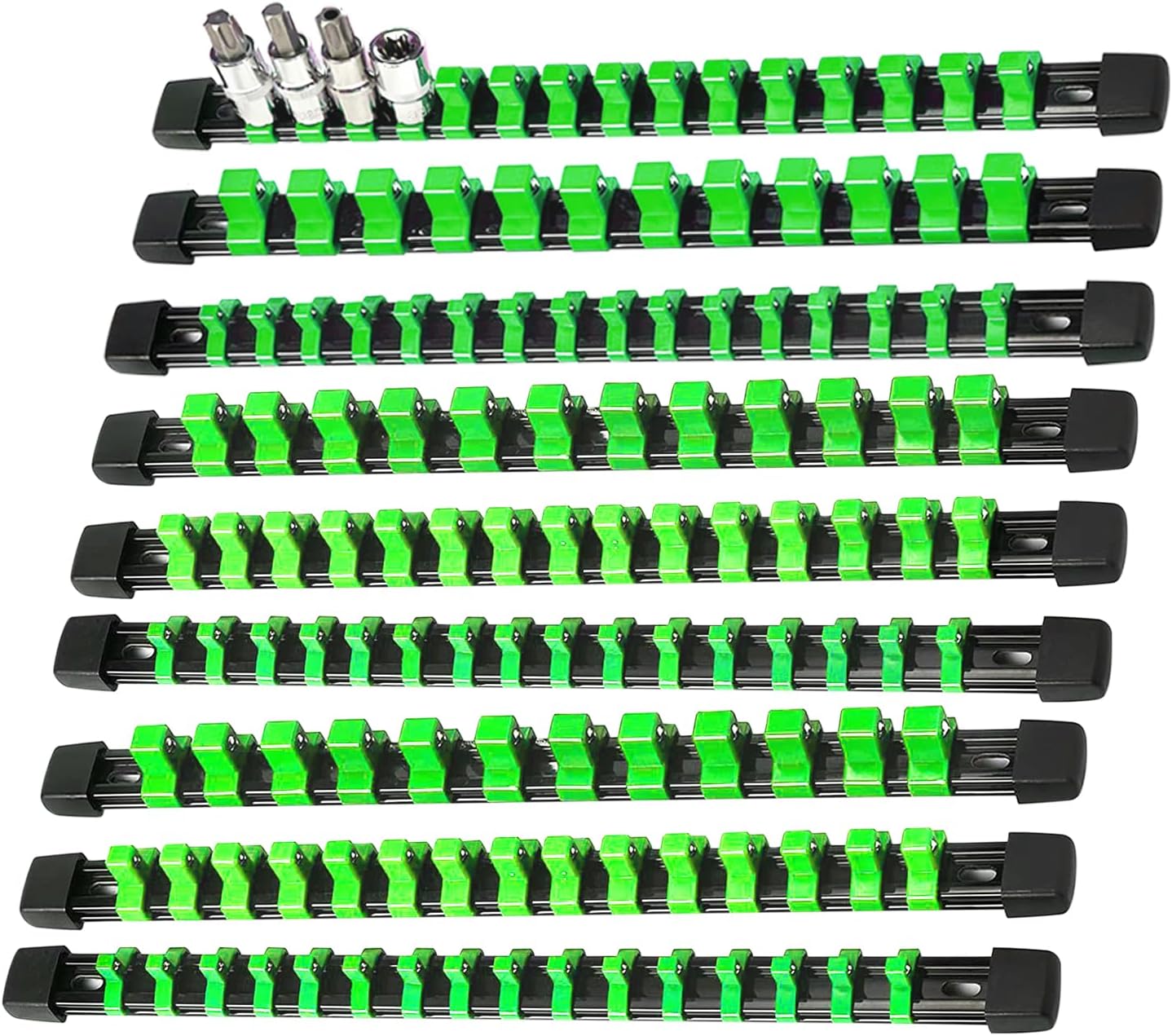 AMM 9-Piece Socket Organizer, 1/2 inch, 3/8 inch and 1/4 inch Drive ABS Tools-Green Socket Holder,Heavy Duty Socket Racks, Premium Quality Socket Clip Rail Holder,The Best Tool Trays in The Garage
