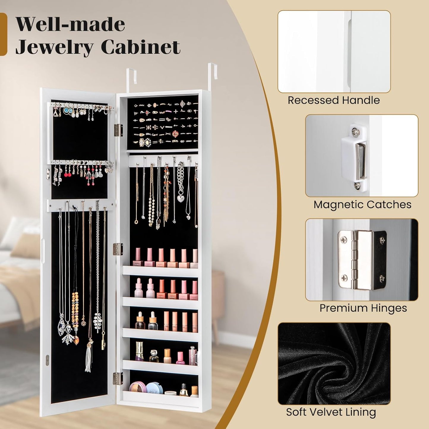 Giantex Wall or Door Mounted Jewelry Cabinet with Full Length Mirror, Over The Door Jewelry Armoire Organizer, Hanging Storage Cabinet with Necklace Hooks, Earring Slots, Ring Slots & Shelves (White)