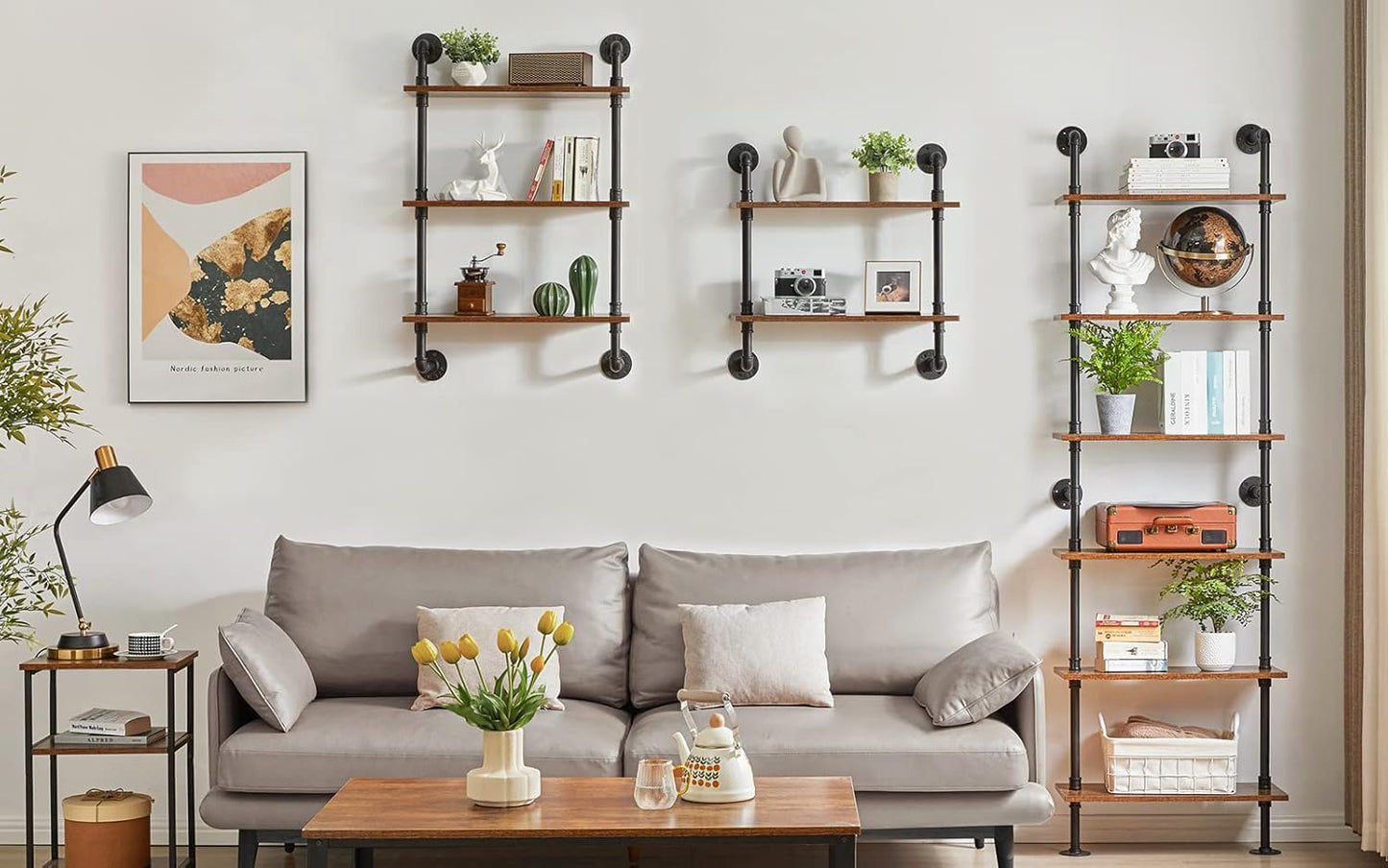 YMYNY Industrial Pipe Ladder Shelf, 6-Tier Wall Mounted Bookcase with Metal Frame, 78.7" Open Bookshelf, Multifunctional Storage Rack for Home Office, Living Room, Plant Stand, Rustic Brown, RF-TM018