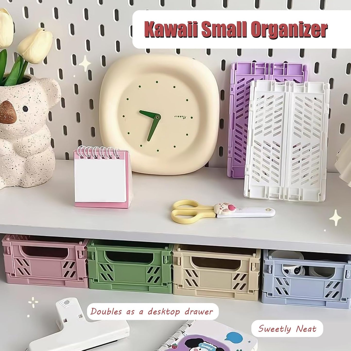 Pastel Plastic Storage Baskets 2 Pack, Collapsible Crates for Organizing, Space-Saving Bins for Kitchen, Office, Bedroom (Purple, Medium:9.8" x 6.5" x 3.8")