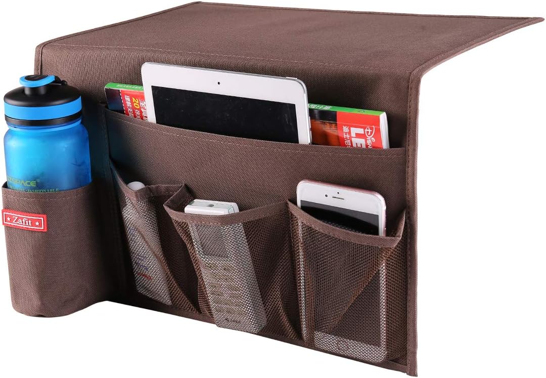 5 Pockets Bedside Caddy, Bedside Storage Organizer for Water Bottles, Magazines, Phone, Glasses (5 Pockets-Coffee)
