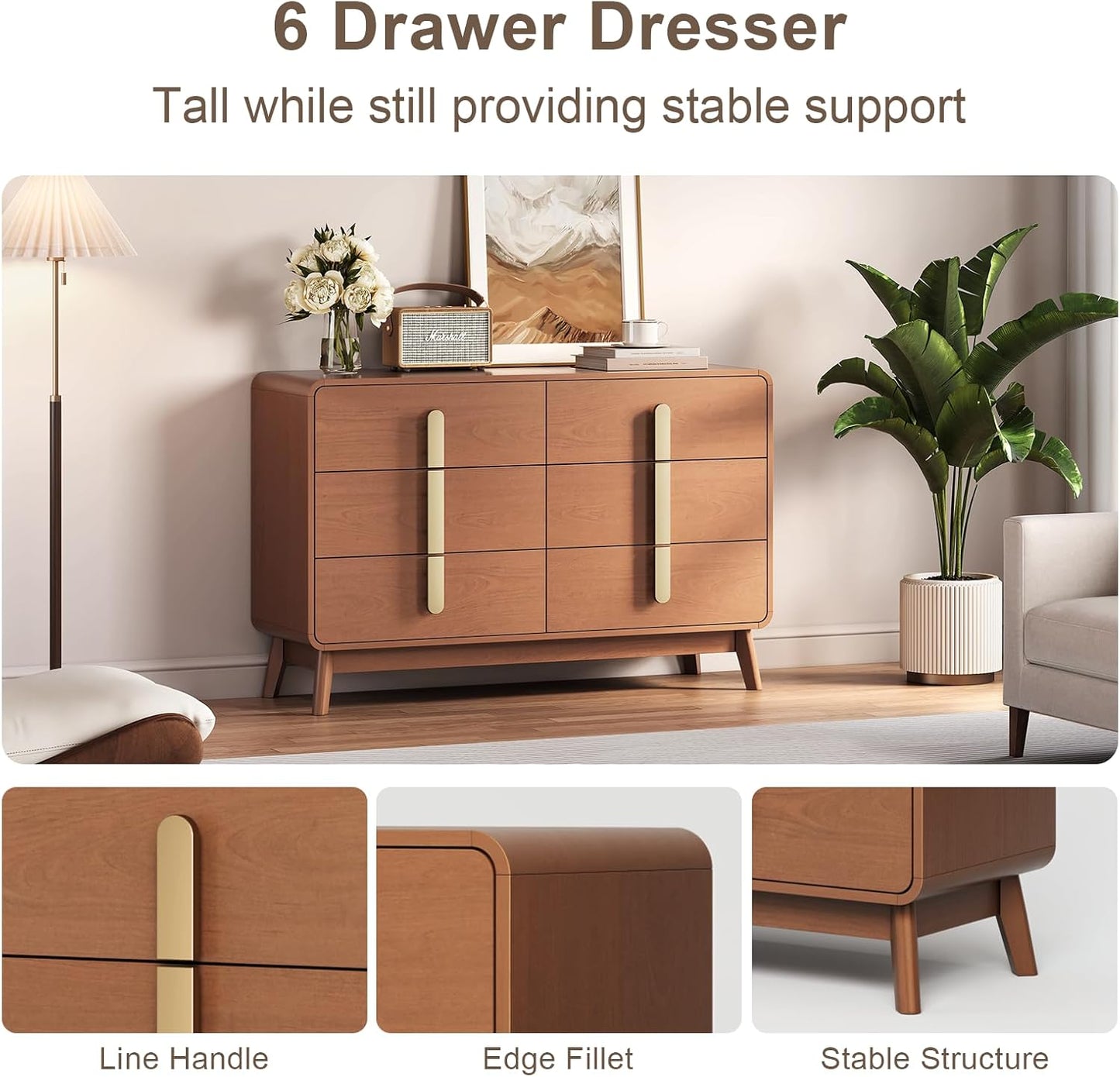 Mid Century Modern Bedroom Set, 6 Drawer Dresser and Nightstand Sets for Bedroom, Night Stand Set 2 & 6 Drawer Dresser with Gold Handles, Wood Chest of Drawers Storage Cabinet Set, Cherry