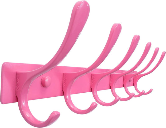 SKOLOO Coat Rack Wall Mounted - 6 Hooks, Heavy Duty, Stainless Steel, Metal Wall Hangers, Sturdy Coat Hooks for Hanging Coats, Jacket, Clothes, Hat, Pink