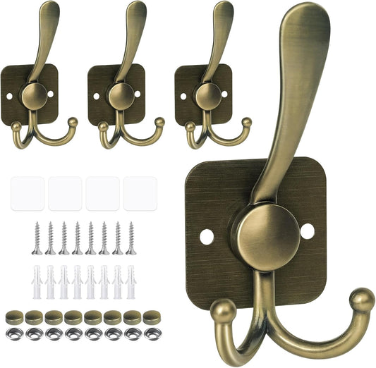 VIS'V 3 Prong Coat Hooks Wall Mount, Metal Self Adhesive Entryway Wall Hooks, 2 Mount Options, Bronze, 4 Pcs