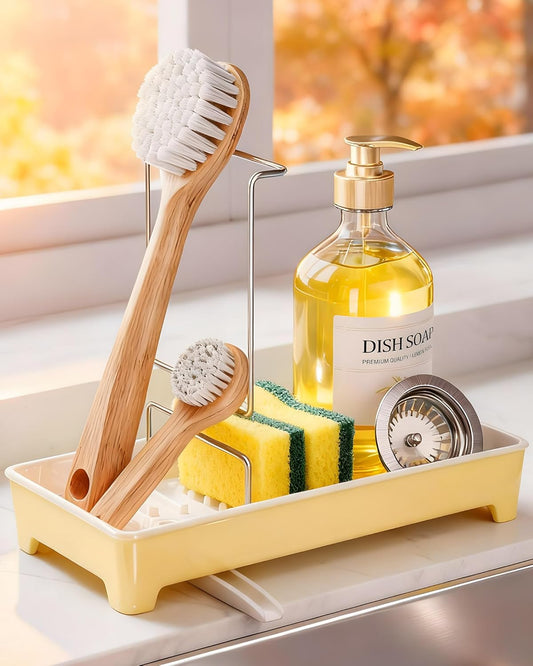 Ceramic-Look Sink Caddy, Rustproof Sponge Holder for Kitchen Sink with 304 Stainless-Steel Brush Holder, Countertop Rack Organizer with Raised Ridges & Silicone Drain Tube (Pastel Yellow)