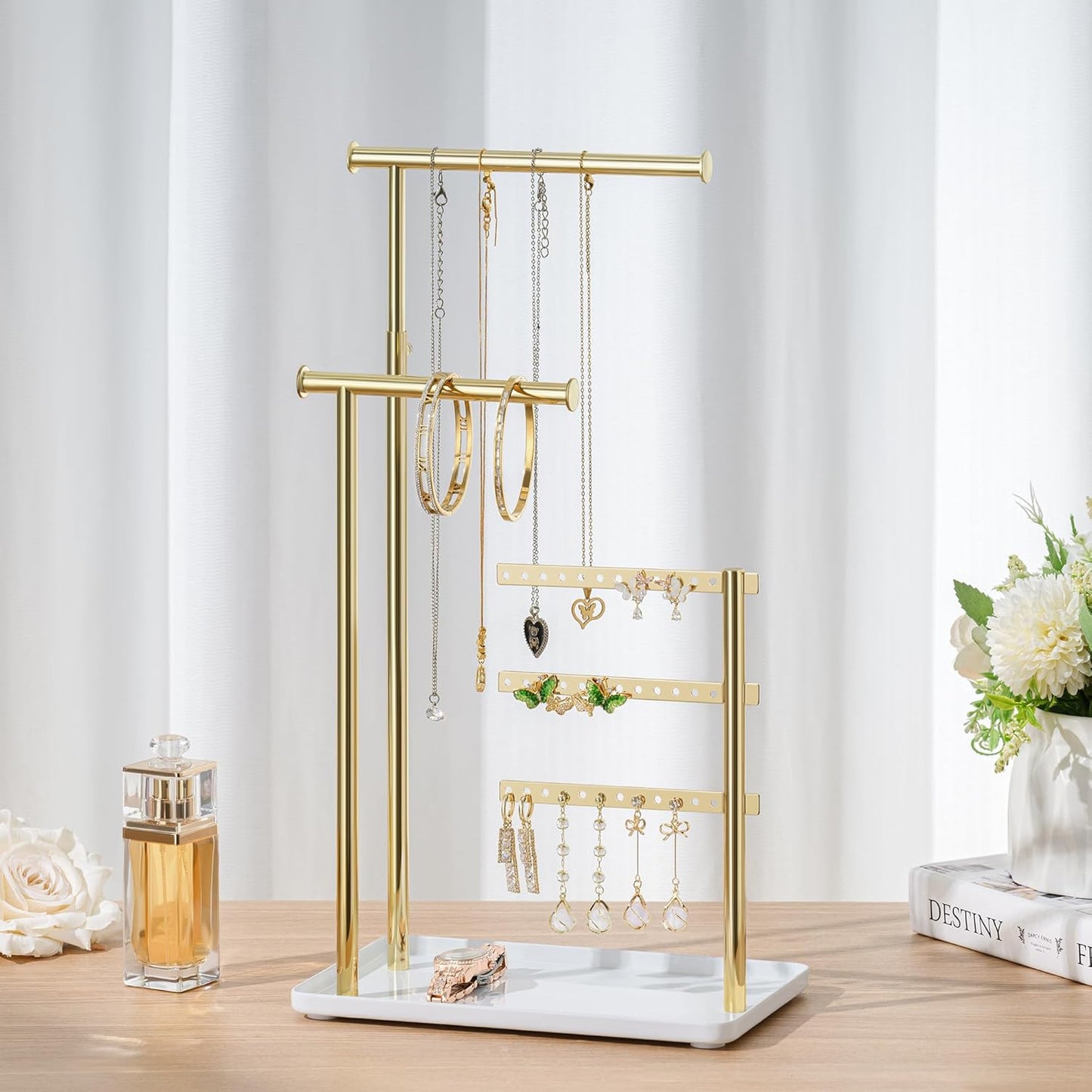 Jewelry Holder Organizer Stand - Adjustable Tall 17.5" (Max), Gift for Women, Mirrored Gold Jewelry Hanger for Necklaces, Earrings, Bracelets, Rings
