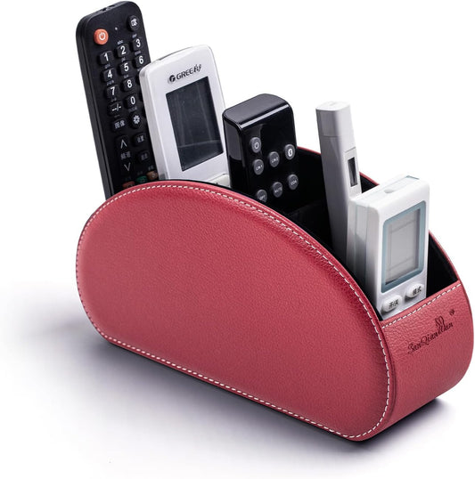 Remote Control Holders Organizer Box with 5 Compartment PU Leather Multi-functional Office Desk Storage Caddy Store Tv Remote for Media Player,Brush,Pencil,Glassees&Office Supplies (Wine Red)